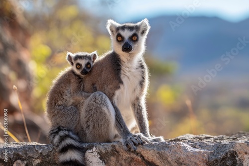 Two lemurs one adult and one baby sitting together on a rock