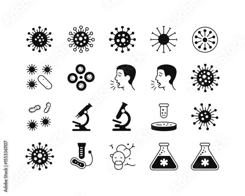 Black and White Disease Research Icons Viruses, Microbes, Microscopes, Prevention, and Lab Equipment