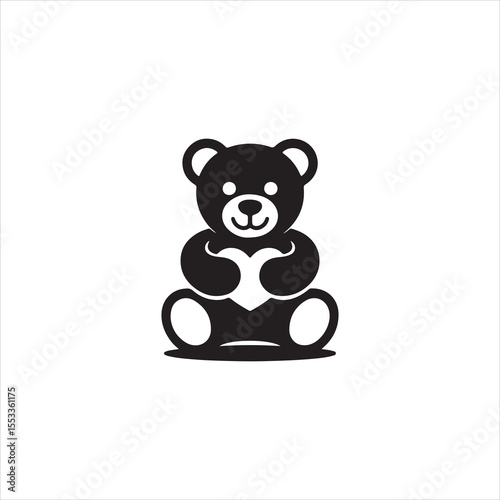 Black and White Drawing of Cute Teddy Bear Holding a Heart
