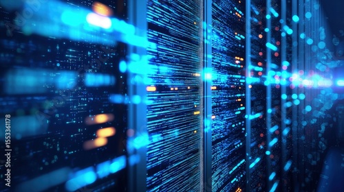 Futuristic digital server racks with glowing blue data streams and motion blur effect, ideal for high-speed technology, cloud computing, AI, and data transmission concepts