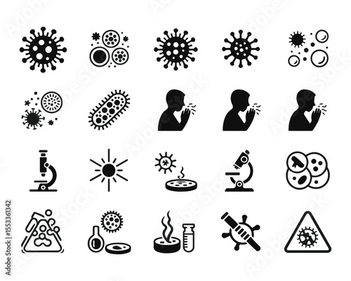 Black and White Icon Set Viruses, Bacteria, Sickness, Microbiology, Science, and Warning Symbols