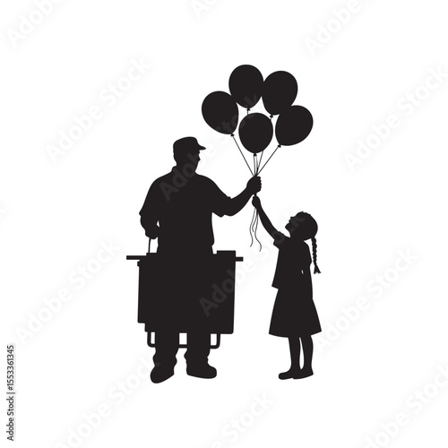 Balloon Vendor with Children – Joyful Street Scene Silhouette Vector in Black and White

