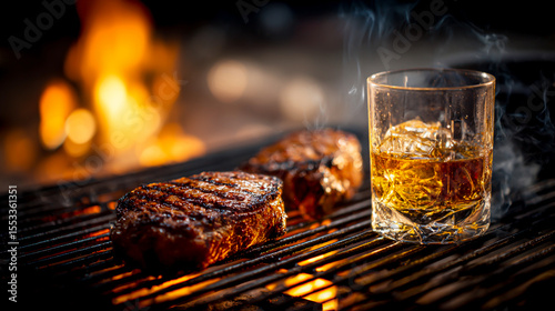 A close-up of a grill with flames and two glasses on it, a meat steak, and a glass of whiskey against a white background