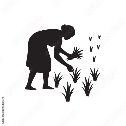 Village Women Planting Paddy – Traditional Farming Silhouette Vector in Black and White