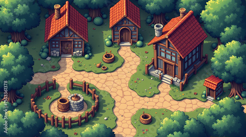 8-Bit Cartoon Medieval Village Scene with Houses and Forest