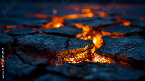 A cracked surface with an orange glow under the cracks, creating a dramatic contrast against a dark background