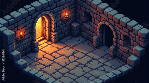 Isometric Stone Dungeon Room with Torches and Open Door