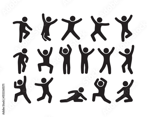 Black Pictogram Set Displaying People Jumping, Walking, Dancing, Reaching, and Laying Down on a White Background