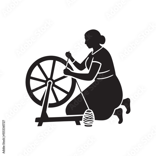 Woman Spinning Yarn on Charkha – Traditional Heritage Silhouette Vector in Black and White