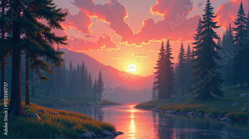 Sunset Over Forest River with Pine Trees and Mountains