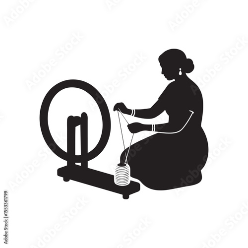 Woman Spinning Yarn on Charkha – Traditional Heritage Silhouette Vector in Black and White