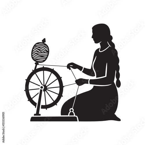 Woman Spinning Yarn on Charkha – Traditional Heritage Silhouette Vector in Black and White