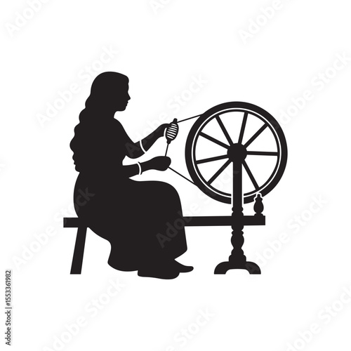 Woman Spinning Yarn on Charkha – Traditional Heritage Silhouette Vector in Black and White