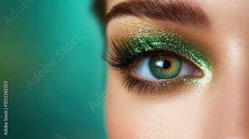 A close-up of a woman's eye with green and gold eye makeup against a green background.