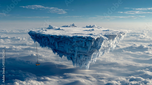 A large, floating island in the sky, made of ice and snow, with an icy cliff on one side and a rope suspended