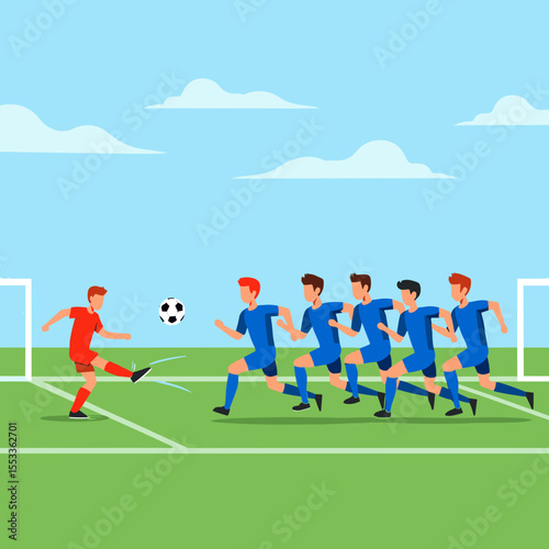 Soccer player kicking penalty against defenders on field