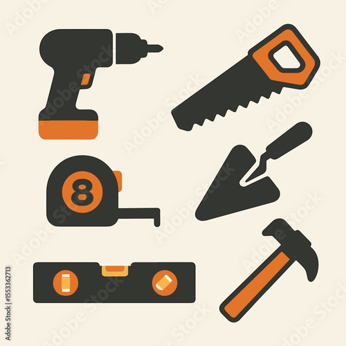 Construction tool icons in flat orange and black style
