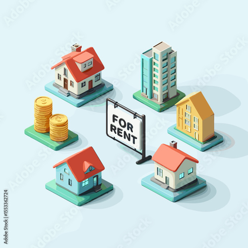 Real estate rental icons with houses and buildings