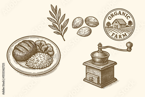 Vintage organic food illustration with farm and grinder