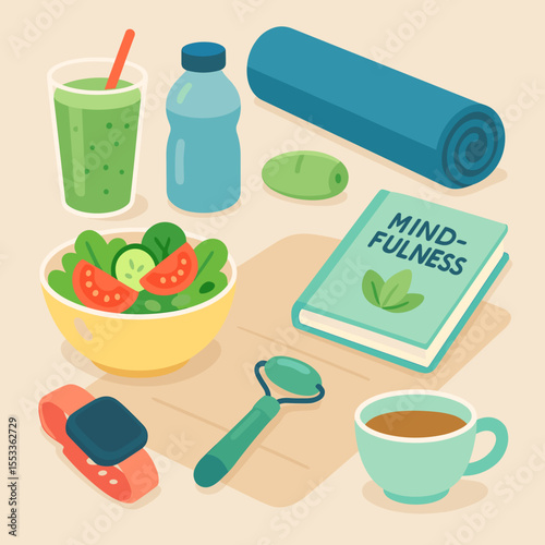 Healthy lifestyle essentials in flat cartoon illustration