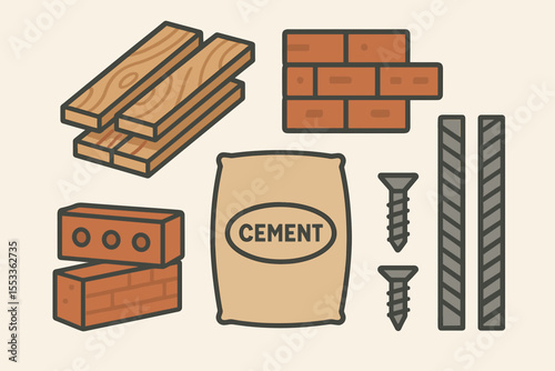 Construction materials illustration with wood, bricks, and cement