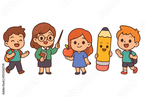 Cartoon teacher and happy kids with school supplies