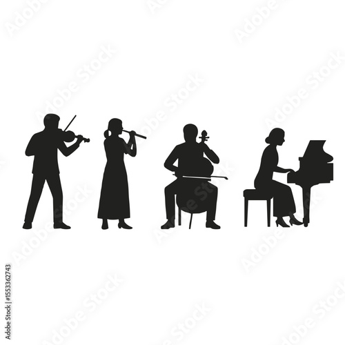 Classical musicians playing instruments in black silhouette style