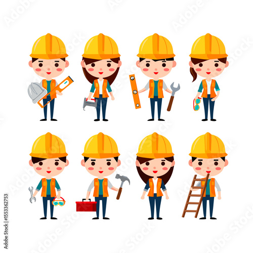 Female construction workers with tools on white background