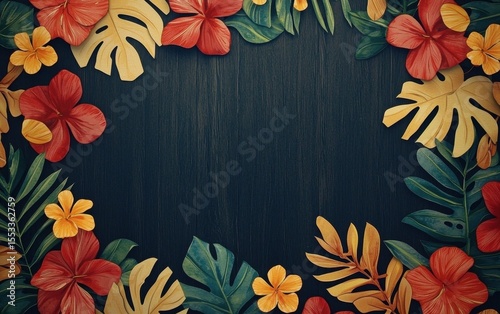 Vibrant Tropical Floral Frame with Exotic Leaves and Colorful Blooms