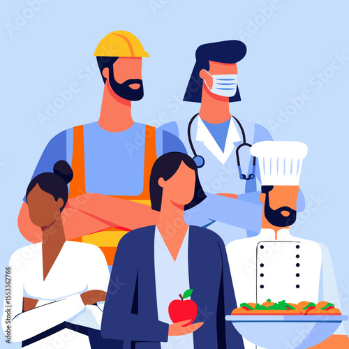 Diverse professionals standing together on blue background