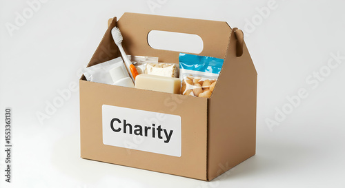 Charity donation box filled with necessities