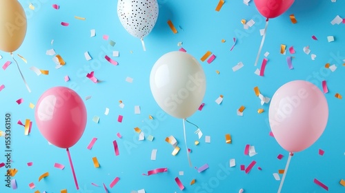 A colorful celebration with balloons and confetti on a blue background. The event is likely a birthday or anniversary party.
