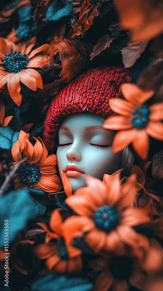 Naklejka premium Serene Sleep Porcelain Doll Amidst Autumn Blooms