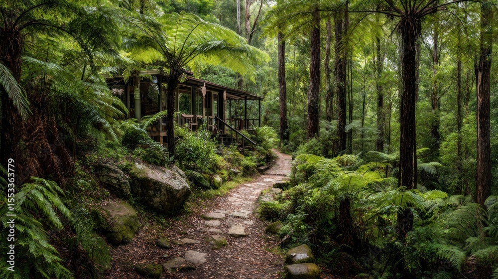 Obraz premium Tranquil forest path leads to a rustic cabin nestled amongst lush greenery