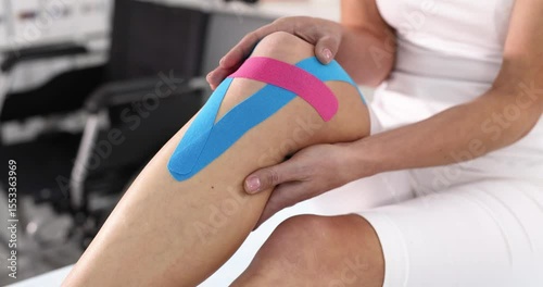 Woman shows kinesio tape on knee for pain relief and support. Item offers potential solution to mobility problems promoting recovery in health setting