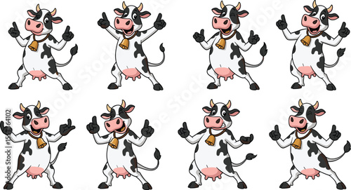 Funny cartoon cow character in different poses, giving thumbs up, smiling farm animal mascot, dairy concept, animated livestock illustration, comical and playful cow design

