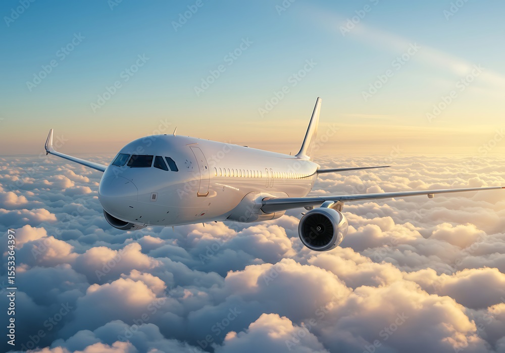 Fototapeta premium White Airplane Soaring Above Fluffy Clouds at Sunrise. Generative Ai