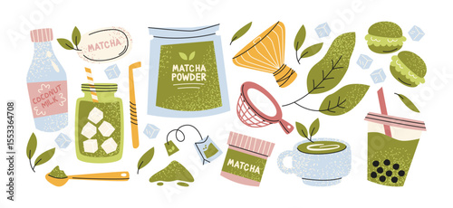Cartoon set of matcha green tea. Fresh drink, ceramic cup, teapot, brewing pot. Hand drawn vector doodles depicting traditional Japanese tea ceremony.	
