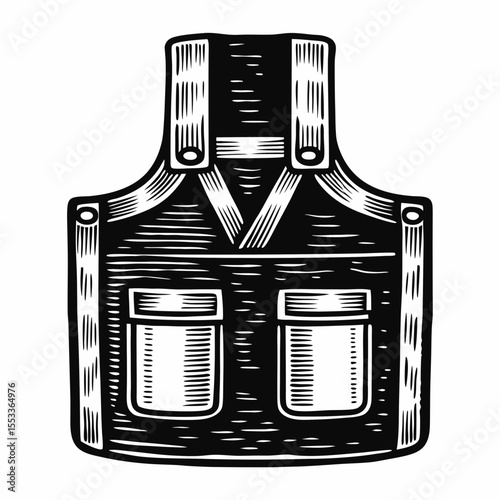 Black apron with pockets in vintage woodcut style  