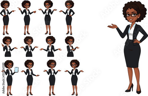 Businesswoman cartoon character set, African American office woman, formal suit, multiple poses, professional gesture, isolated illustration, confident female, modern corporate business design
