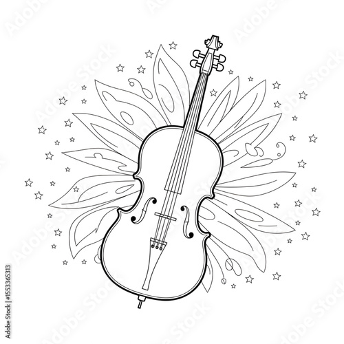 A black and white cello illustration vector style colouring page