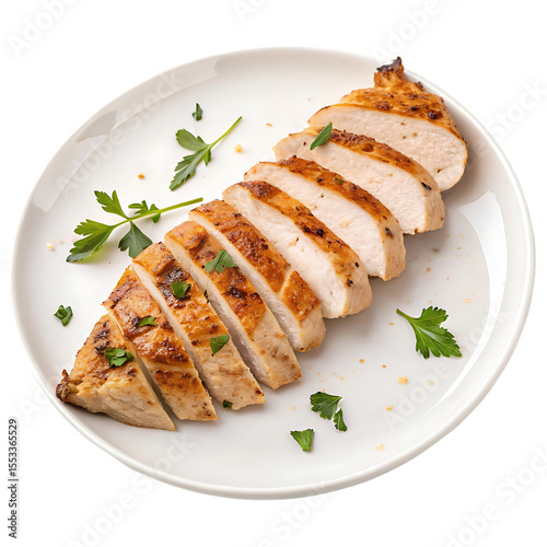 Grilled chicken breast sliced into strips, arranged neatly on a white plate, white background, no garnish.