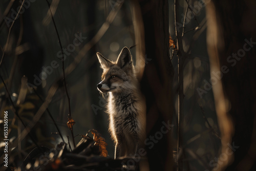 Fox using intelligence and stealth in forest habitat to seek prey and shelter during cold European woodland conditions