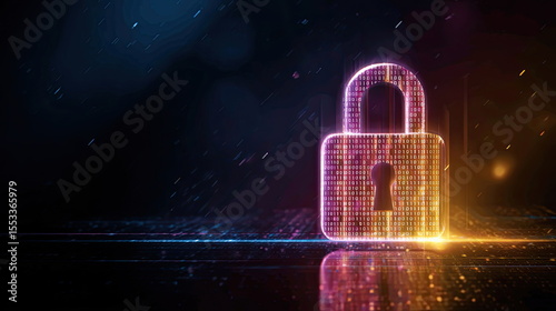 Digital padlock illuminated by binary code in a dark environment representing cybersecurity and online protection strategies Generative AI