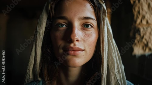 Young woman with a serene expression wearing a natural linen head covering, softly lit against a dark rustic background. Concept of purity, hope and historical or biblical representation