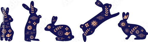 Set of isolated vector rabbits with chinese pattern for mid autumn festival.