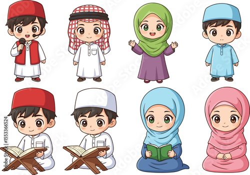 Cute Muslim kids in traditional Islamic clothing reading Quran, smiling cartoon characters, Islamic education concept, hijab and kufi, Ramadan, Eid celebration, vector illustration