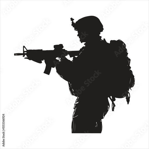 military soldier with rifle, silhouette, soldier, gun, people, illustration, black, photographer, military, woman, camera, person, vector, music, army, rifle, war, weapon, shadow, studio, armed