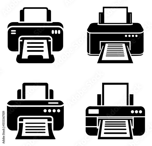 Printer Icons Set with Paper and Document Output