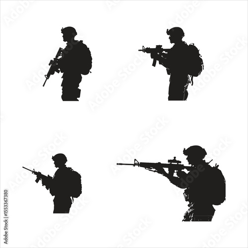 military soldier with rifle, silhouette, soldier, gun, people, illustration, black, photographer, military, woman, camera, person, vector, music, army, rifle, war, weapon, shadow, studio, armed